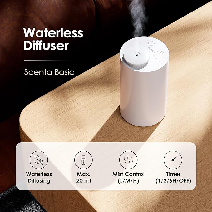Airversa Waterless Essential Oil Diffuser Starter Kit with 4 x 10mL Hotel Scent Fragrance Oil, Battery Operated Mini Scent Air Machine Portable Diffuser for Home Car Office, AN6Kit-04 White