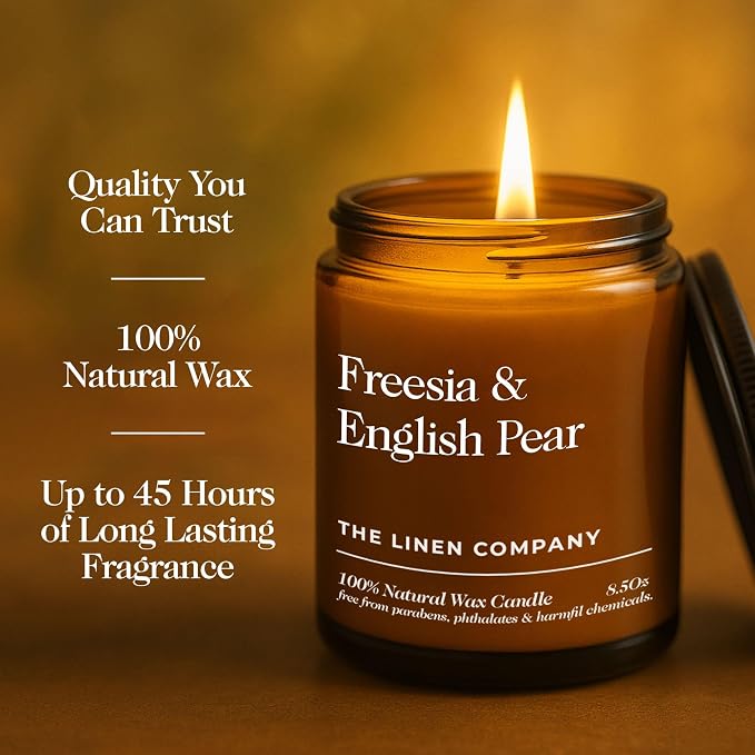 Hand Poured Non Toxic Candles - Freesia & English Pear Fall Candles with Premium Natural Wax - Aromatherapy Scented Candles with Wild Peonies, Sweet Amber & Vanilla Notes - 8.5 Oz, 45 Hrs Burn Time