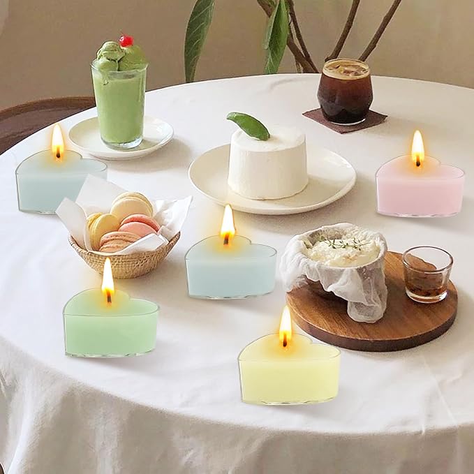Scented Heart Tealight Candles, Pastel Candy Color Scent Tea Lights Candles Clear Cup, 24 Pack Colored Tealights Candle, 4 Hour Burn Time Candles for Weddings Romantic Decor