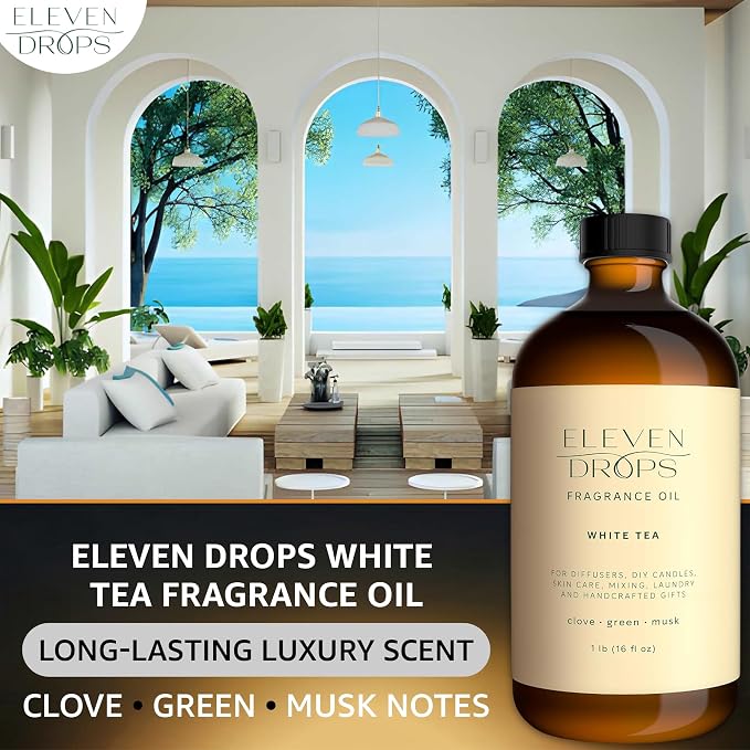 White Tea Fragrance Oil | Clove, Green & Musk Notes | Long Lasting Scent Reed Diffuser Oil for Home, Office, Hotel, Spa, Car & Linen Spray | Pet Friendly IFRA Compliant, 16 oz