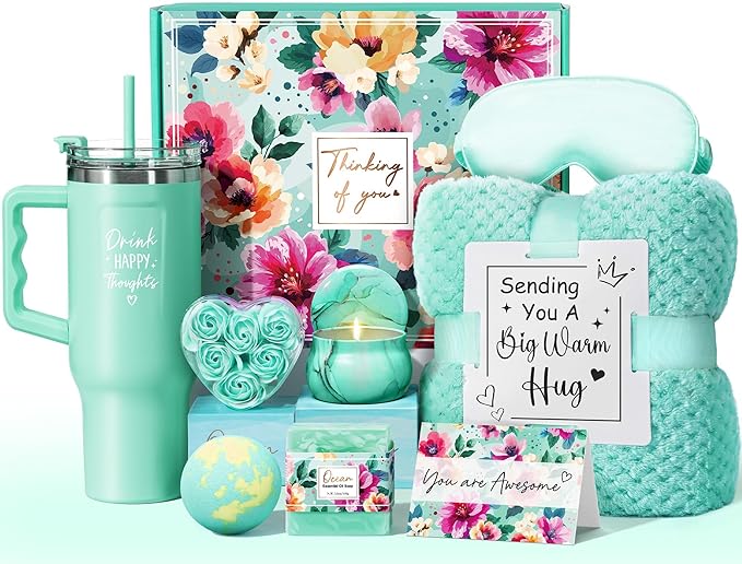 Birthday Gifts for Women Self Care Get Well Soon Gifts, Ocean Relaxing Spa Gift Box Care Package Basket w/ Luxury Flannel Blanket 40 oz Tumbler, Mother's Day Gift for Mom Her Wife Girlfriend Grandma