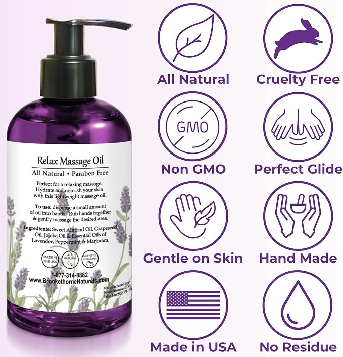 Relax Therapeutic Body Massage Oil - with Best Essential Oils for Sore Muscles & Stiffness – Lavender, Peppermint & Marjoram - All Natural - with Sweet Almond, Grapeseed & Jojoba Oil 8oz