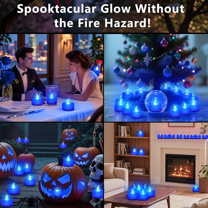 Tea Lights Battery Operated Candles LED Tea Lights Flameless Candles 200+ Hours Flickering Fake Tealights for Sweetest Day Wedding Home Decorations Party (Blue Base, 24 Pack)