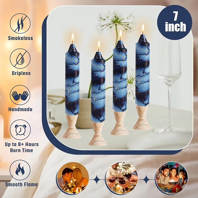 7 inch Short Candle Rustic Taper Candles Printed Candlestick Handmade Unscented Taper Candle 4 pcs Smokeless Tapered Candles for Home Dinner Wedding Holiday