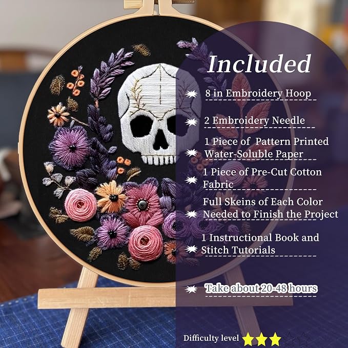FONNUY Halloween Embroidery Kits for Beginners,Skull Pumpkin Spider Web Floral Stamped Cross Stitch Kit for Adults, Spooky Season Boho Wall Decor, 8'' Hoop (Skull 3)