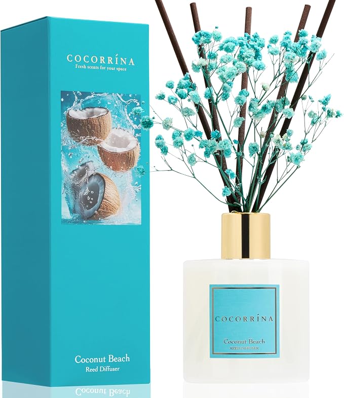 COCORRÍNA Reed Diffuser - Coconut Beach 6.7 fl oz Reed Diffuser with Sticks, Home Bedrrom Bathroom Shelf Decor