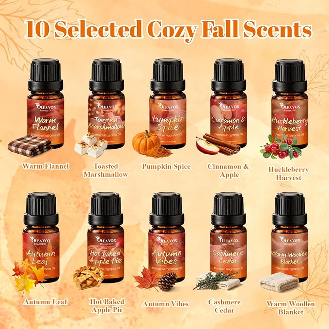 Autumn Fragrance Oil Gift Set，Fall Essential Oils for Diffuser, Scents for Candle Soap Making, Cinnamon & Apple,Pumpkin Spice, Huckleberry Harvest, Cashmere Cedar, Leaf More 10x5ml Aromatherapy Oils