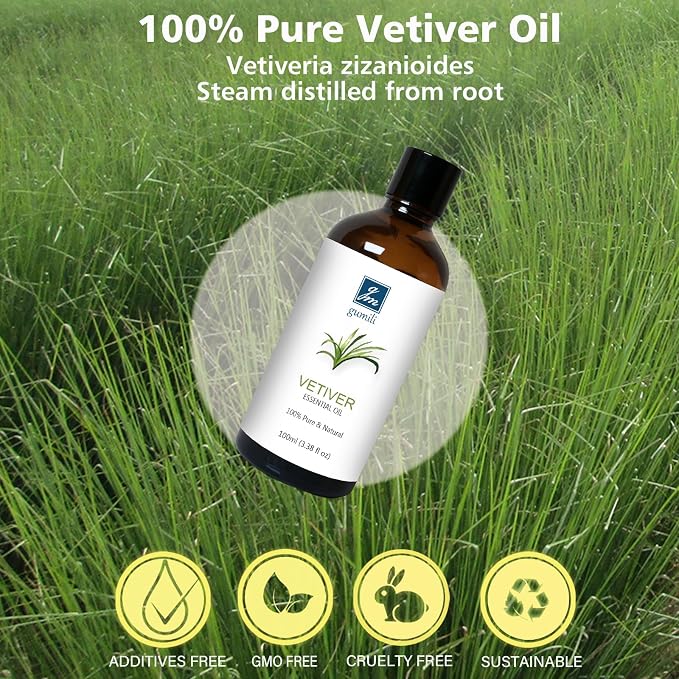 GM Gumili Vetiver Essential Oil Scent Oil for Home Diffuser, Perfume, Hand Soaps- 100ml/3.38 Oz