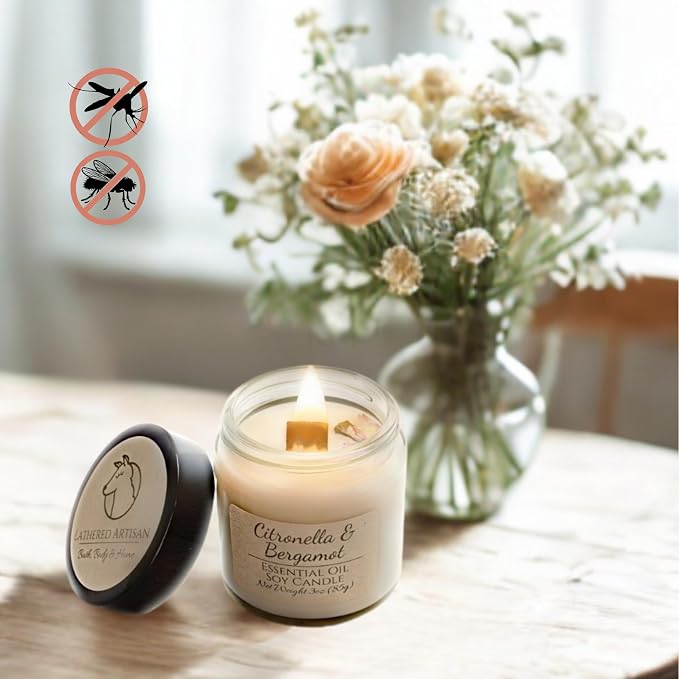 Citronella & Bergamot Scented Candle, Hand Crafted Essential Oil Soy Candles, Flickering Wood Wick, Dried Flowers, 23 Hour Burn Time, Natural Aromatherapy, Glass Jar with Lid, 3oz by Lathered Artisan
