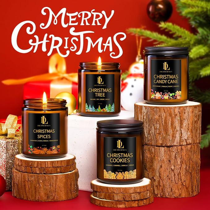 Holiday Candle Set, Scented Candle for Home, 4 Pack Soy Candles Gifts for Women Men, Scents of Christmas Tree/Cookies/Spices/Candy Cane