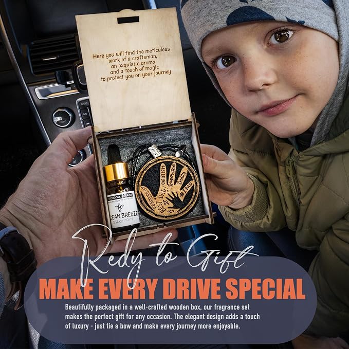 Handmade Wood Car Air Freshener — Father’s Hands Designed Refillable Essential Oil Diffuser — Long Lasting Ocean Breeze Fragrance Oil 10 ml — Car Accessories Gift Box