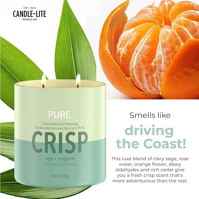 Candle-Lite Pure Sage & Tangerine Odor Eliminating Scented Candles, Neofresh Technology Eliminates 99.9% of Odors, 16 oz 2-Wick Jar, Proudly Poured in The USA, Up to 60 Hours Burn Time