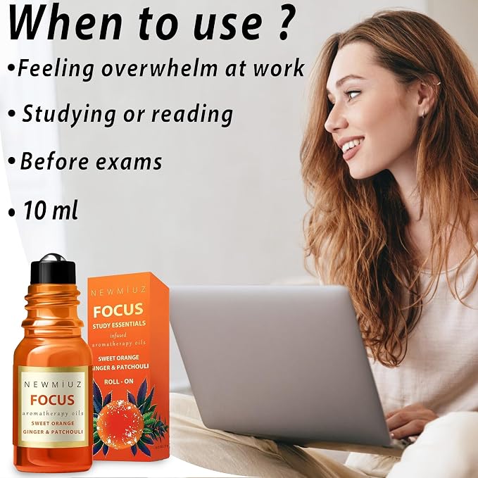 Focus Roll On Essential Oil Concentration Memory Attention Orange Ginger Patchouli Functional Aromatherapy Stick Self Care Study Gift Stocking Stuffer