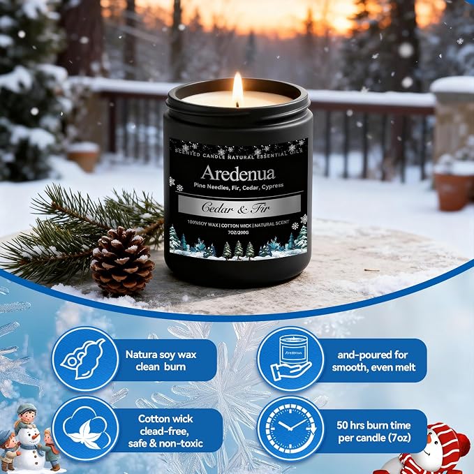 Cedar & Fir Candle – Winter Candles | Holiday Scented Candles, 7oz Jar Soy Candle for Home Scented - 50H Burn - Evergreen Forest & Fresh Pine Scent, Candles Gifts for Women & Men