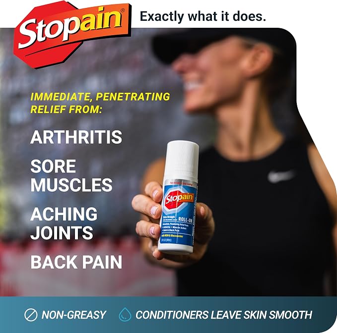 Stopain Pain Relief Roll On Gel 3oz (2 Pack) USA Made, Max Strength Fast Acting with MSM, Glucosamine, Menthol for Arthritis, Lower Back, Knee, Neck, HSA FSA Approved Topical Analgesic Products