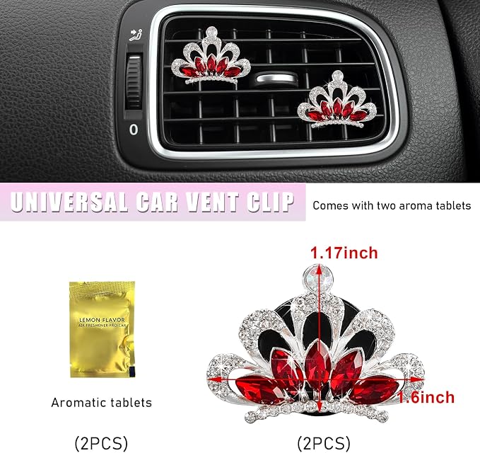 Augeny 2 PCS Bling Car Air Vent Clips, Crystal Rhinestone Crown Air Freshener Outlet Diffuser Clip, Auto Air Conditioning Clip Charm for Women Girls, Interior Decor Car Accessories (Red)