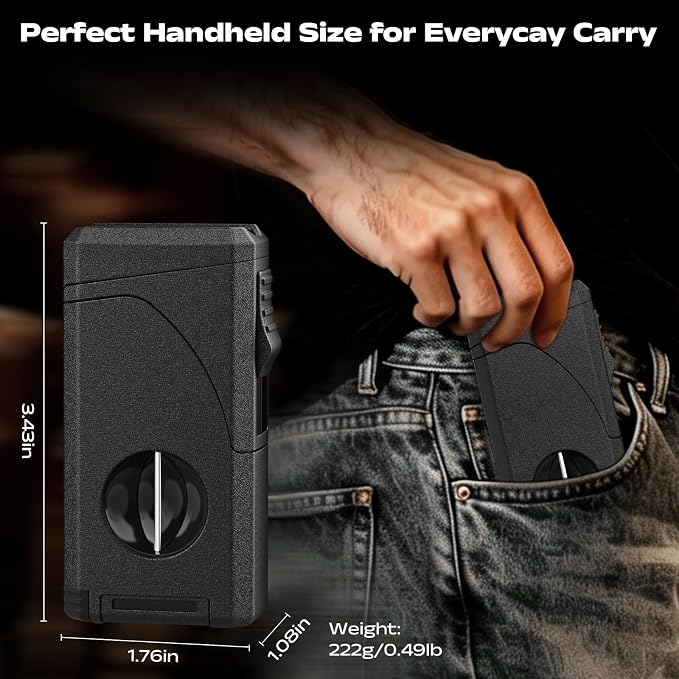 6-in-1 Windproof Triple Jet Flame Butane Torch Lighter with V-Shape Shear,Punch and Hold, Adjustable Refillable Lighter with Draw Enhancer Tool for Candle, BBQ, Camping and Outdoor, Travel Use