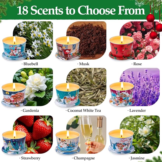 18 Pack Scented Candle Sets | Merry Christmas Aromatherapy Traverl Jar Candles | Soy Wax Candle Sets with 10% Essential Oils for Home and Travel |Gift Sets for Christmas Women
