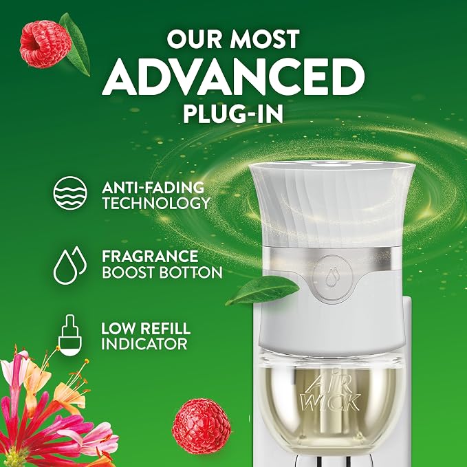 Air Wick Plug-In Scented Oil Refills, 4 Count, Lush Honeysuckle and Raspberry, Air Freshener, Essential Oils, Eco Friendly