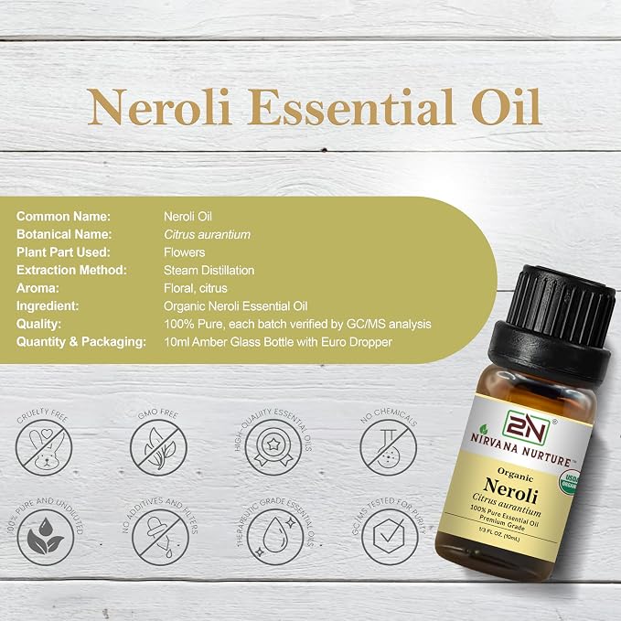 Neroli Essential Oil, USDA Certified Organic, 100% Pure Undiluted, Aromatherapy Oil for Diffuser, Hair & Skin Care