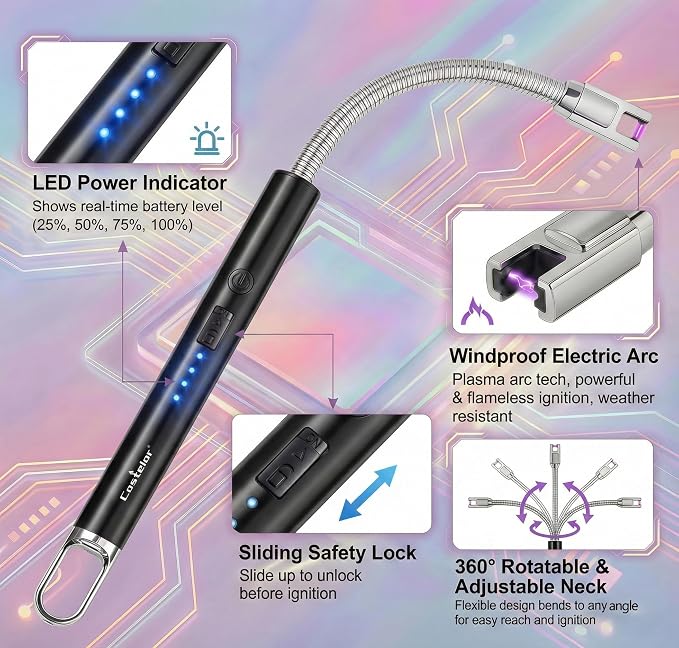 Castelar Electric Candle Lighter with Long Flexible Neck, USB Rechargeable Arc Lighter with Safety Lock for Candle, BBQ, Camping, Housewarming, and Birthday Gifts