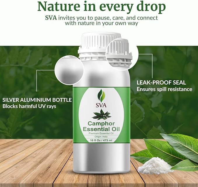 SVA Camphor Essential Oil – 16 Fl Oz – 100% Natural Camphor Oil - for Diffuser, Hair Care, Face, Skin Care, Aromatherapy, Scalp and Body Massage, Soap and Candle Making