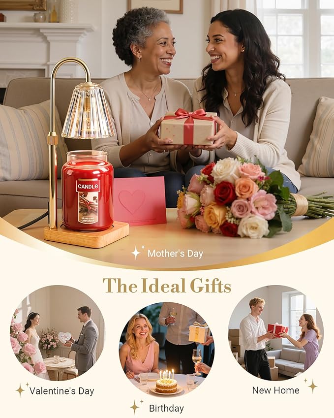 Marycele Candle Warmer Lamp with Timer & Dimmer - Mothers Day Gifts for Women Mom Her, Aesthetic Office Home Decor, Adjustable Height Wax Melter for Candle Jar & 3-Wick Candles (2 Bulbs Included)