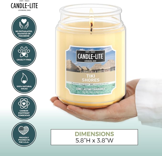 Candle-lite Scented Candles, Tiki Shores, 18 oz Jar, Proudly Poured in The USA, Aromatherapy Candle, Single-Wick with 110 Hours of Burn Time, Perfect for Creating a Refreshing Ambiance