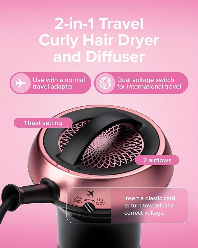 Bellissima Diffon Worldwide Diffuser Hair Dryer for Curly Hair - Dual Voltage 2-in-1 Blow Dryer with Diffuser - Reduces Frizz, Defines Curls, Volumizes - Lightweight, Easy Hold Handle