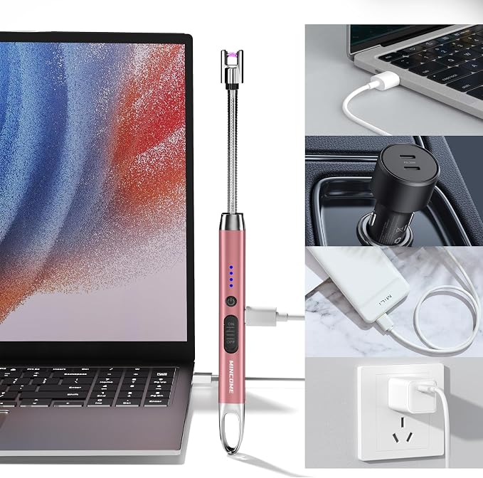 Candle Lighter, Windproof Flameless Electric lighters, Long Lighter with 360° Neck & Safety Switch, USB-C Rechageable LED Power Display Arc Lighters for Birthday BBQ Candle (Rose Gold)