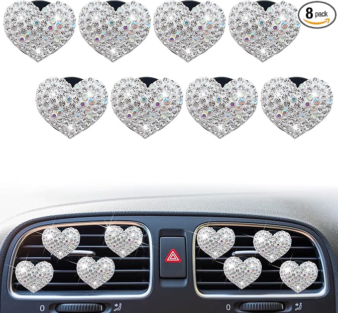 8 Pcs Bling Heart Air Vent Clips, Crystal Car Fresheners, Diffuser With Rhinestone Decoration, Cute Interior Accessories for Women Girls (Silver)