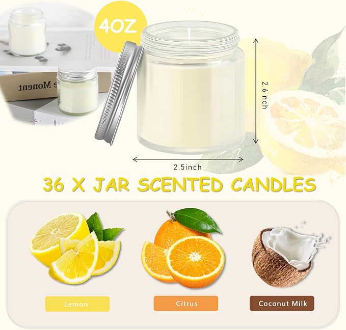 ACITHGL 36 Pcs 4oz Mini Mason Jar Candles Small Scented Candles Bulk Aromatherapy Ideal Souvenir Favors for Wedding Birthday Party (Lemon, Citrus, Coconut Milk, Silver)