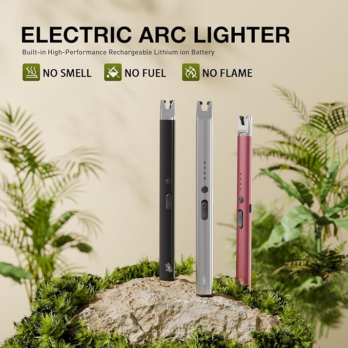 3 Pack Electric Candle Lighter Long Stem,Rechargeable Plasma Arc | USB-C Charging,Flameless Windproof with Safety Lock for Candles, Gas Stoves,Firestarter, Gift Set (Black, Rose Gold, Chrome)