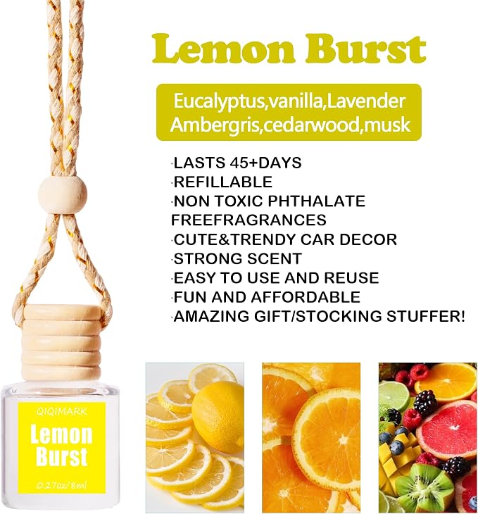 Hanging Car Air Freshener 2 Pack, Lemon Scent Essential Oil Car Diffuser Bottle, Refillable Hanging Auto Aromatherapy Freshener, Long Lasting Odor Eliminator for Car, Truck, SUV