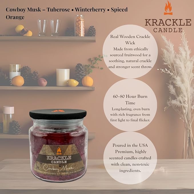 Krackle Candle | Cowboy Musk | 16 oz Scented Candle with Natural Crackling Wooden Wick | Poured in the USA | Tuberose, Winterberry & Spiced Orange Fragrance