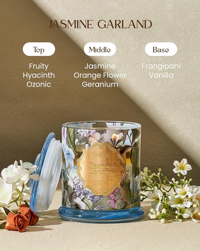 M&SENSE Jasmine Garland Scented Candle 12.7oz Slow Burning 2 Wick | Natural Soy, Non-Toxic, Gentle Floral Scent, Gift for Women, 75 Hour Home Fragrance