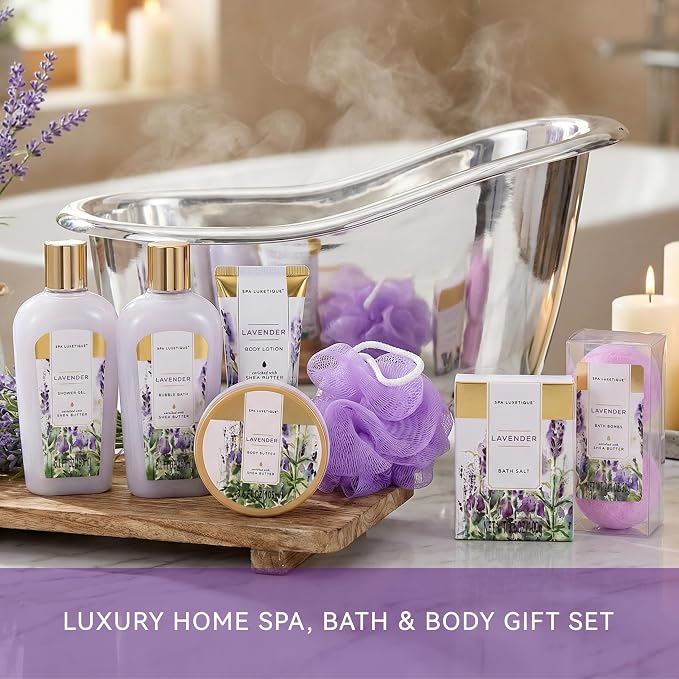spa luxetique Spa Gift Baskets for Women, 8 Pcs Lavender Lotion Set with Bubble Bath, Shower Gel, Birthday Anniversary Self Care Kit for Her, Mothers Day Gifts for Mom