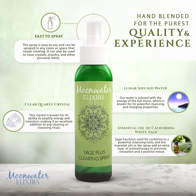 White Sage Smudge Spray for Spiritual Cleansing & Aura Protection, Sage Spray for Cleansing Negative Energy & Protection, Home & Meditation, Clear Quartz Reiki Energized Aromatherapy Room Mist 2X 4oz