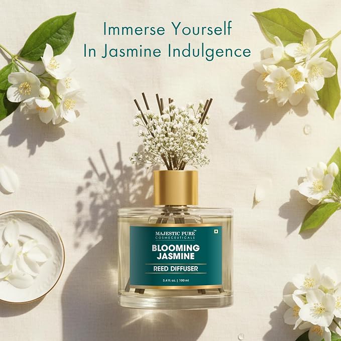Majestic Pure Blooming Jasmine Reed Diffuser for Home, Bathroom & Office | Natural Aromatherapy Air Freshener & Room Fragrance, with Reed Sticks & Dried Flowers 3.4 fl oz