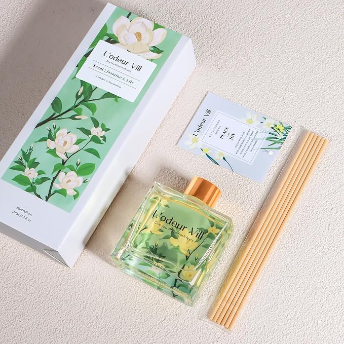 L'odeur Vill Reed Diffuser Set/Jasmine & Lily/3.38 fl.oz（100ML）/1 Pack with 6 Reed Sticks/Home Fragrance Diffuser, Oil Scent Diffuser for Bathroom Shelf Decor.
