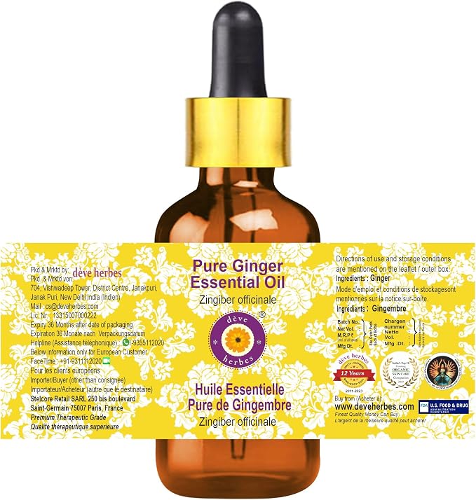 Deve Herbes Pure Ginger Essential Oil (Zingiber officinale) with Glass Dropper Steam Distilled (Pack of Two) 100ml X 2 (6.76 oz)