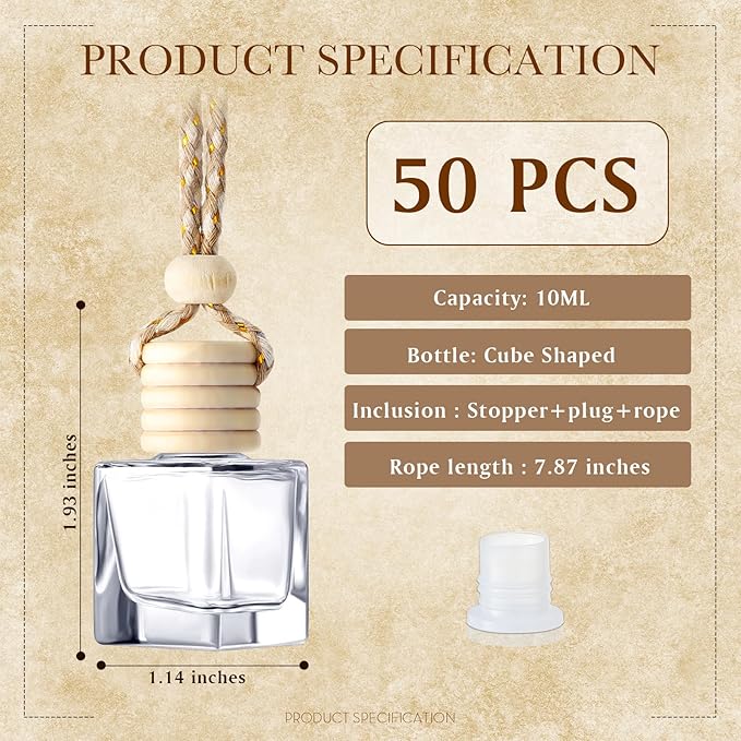BBTO 50 Pcs Hanging Car Air Freshener Car Diffuser Bottles Empty Glass Perfume Bottle Freshener Diffuser Bottle Pendant for Essential Oil Fragrance Aromatherapy Bottle Ornament(Cube)