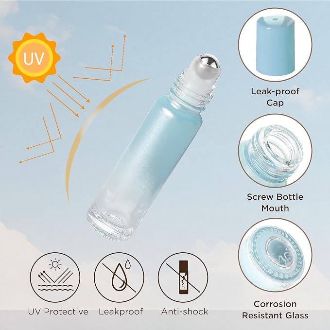 SESENSE Essential Oil Roller Bottles, 10ml Thick Glass Perfume Roller Bottles with Funnel Opener and Dropper Colored Glass Empty Bottles with Stainless Steel Roller Balls (Blue, 4 Pack)