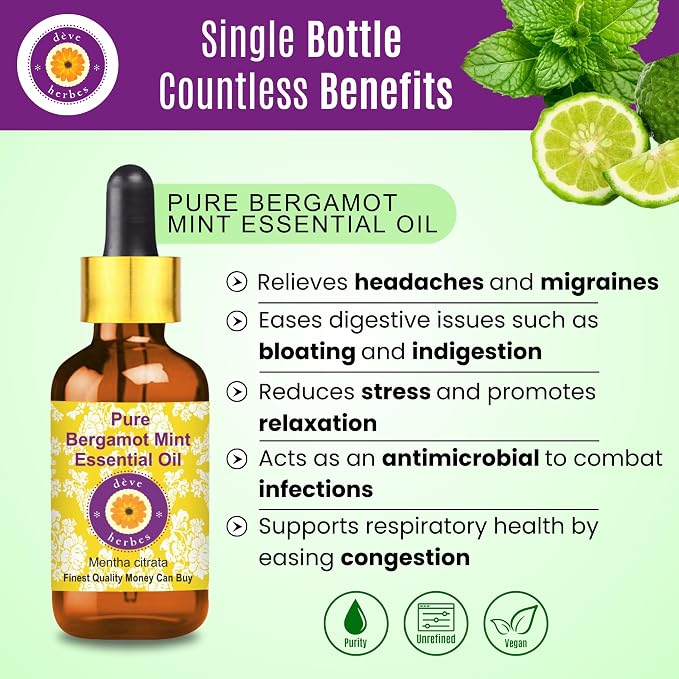 Deve Herbes Pure Bergamot Mint Essential Oil (Mentha citrata) with Glass Dropper Steam Distilled 10ml (0.33 oz)