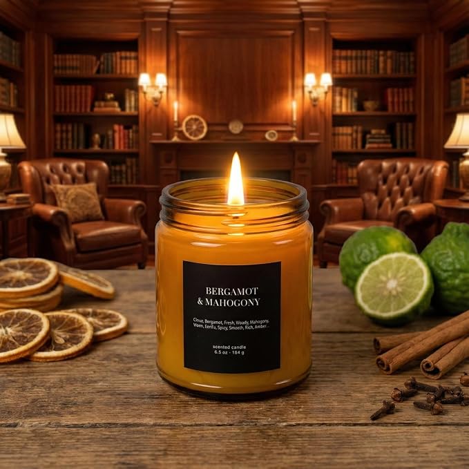 Bergamot & Mahogany Scented Candle 6.5oz – CW Studio Color-Sprayed Glass Jar, Citrus & Rich Wood Aroma – Masculine Unisex Gift for Men Women, Father's Day, Office & Home Décor – 30-35 Hour Burn