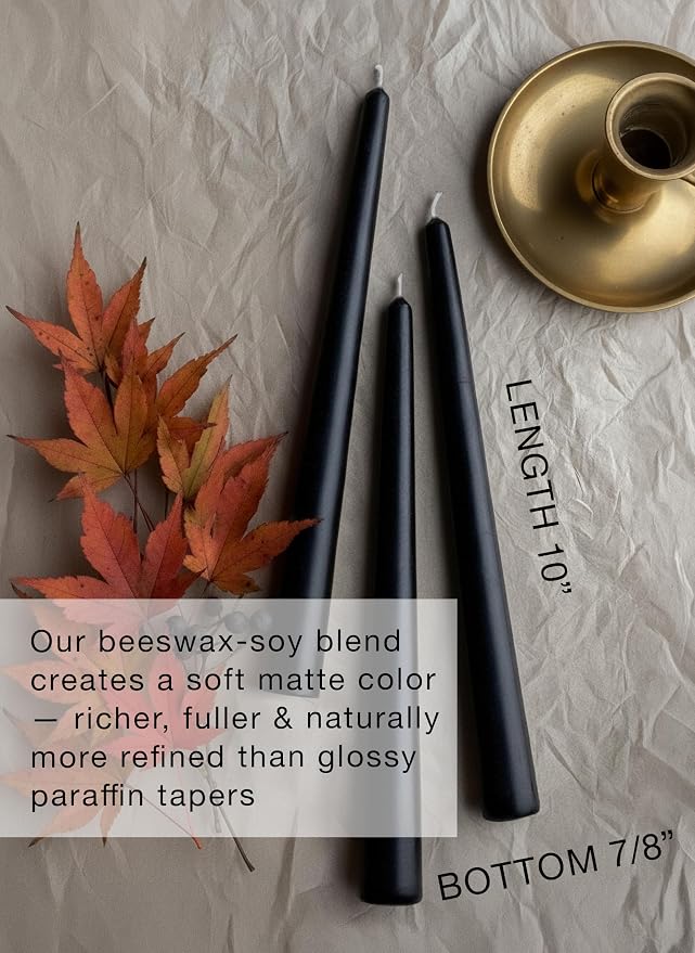 12PK 10" Classic Taper Candles, Black, 7-8 Hours Long Burning, Unscented Tall Candlesticks