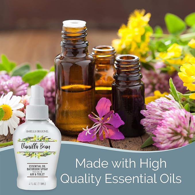 SMELLS BEGONE 4 oz Essential Oil Bathroom Spray - Instantly Eliminate Toilet & Bathroom Odors - Air Freshener Made with Essential Oils (Vanilla Bean)
