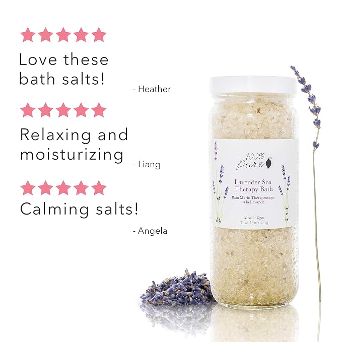100% PURE Lavender Sea Therapy Bath Soak, Bath Salts for Relaxation, Made with Lavender Essential Oil, Spa Kit for Home, Bath Soak with Essential Oils - 15 Oz