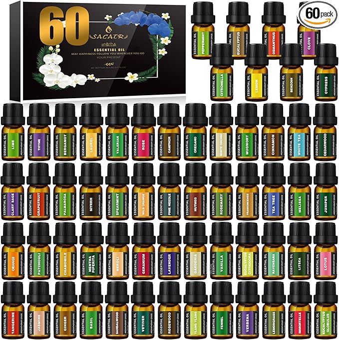 SACATR 60 Bottles Premium Essential Oils Set - Natural Essential Oils for Diffuser, Humidifier, Candle and Soap Making（60x5 ML）