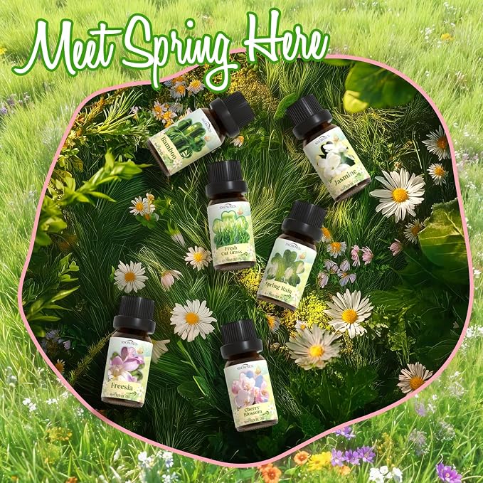 Spring Essential Oil Set of Premium Fragrance Oils for Diffuser- Includes Cherry Blossom, Fresh Cut Grass, Spring Rain, Bamboo, Freesia, Jasmine Diffuser Oils, Candle Making for Aromatherapy, Home Car